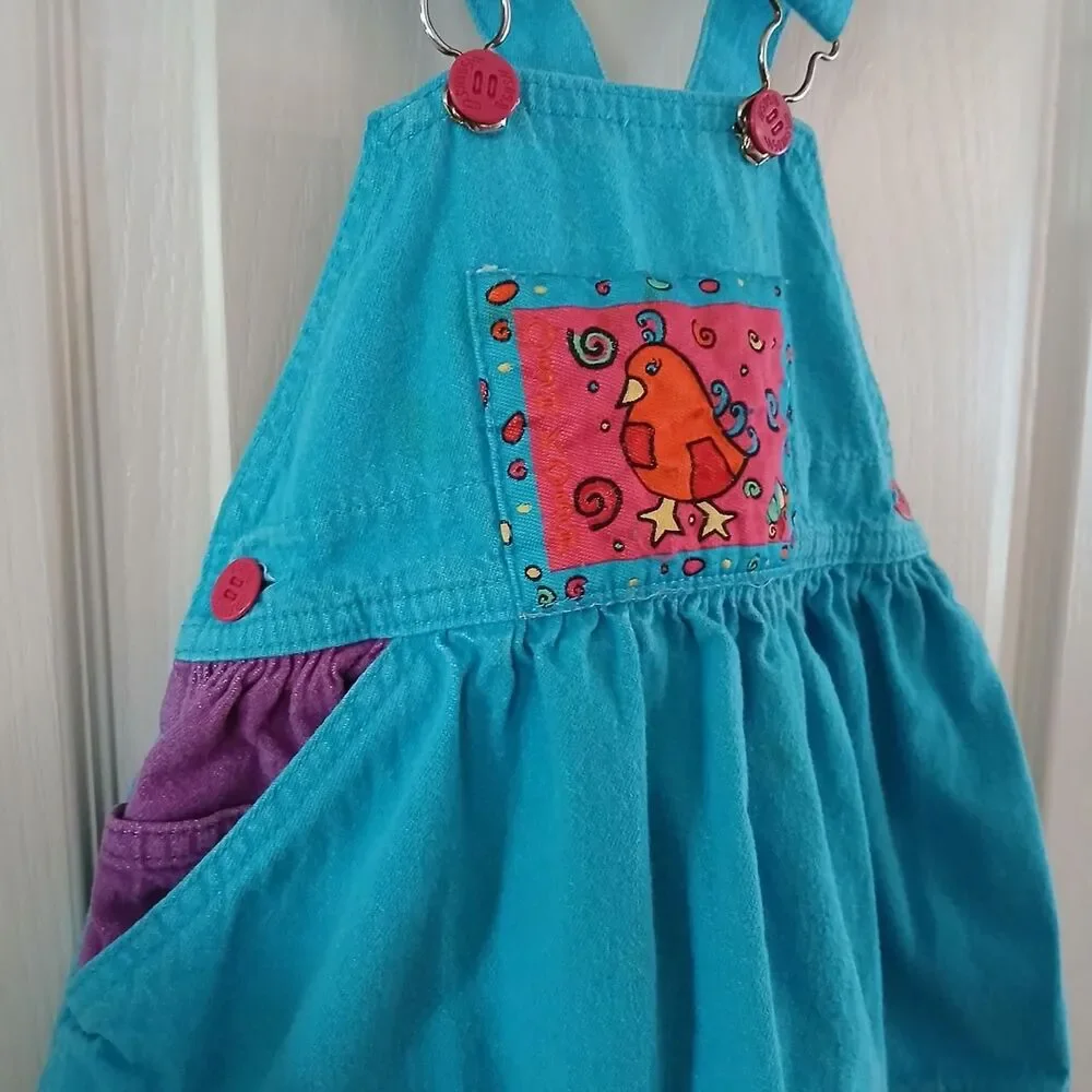 VTG 90s OshKosh B'gosh 100% Cotton Colorblock Bird Jumper Overalls Dress 3T USA